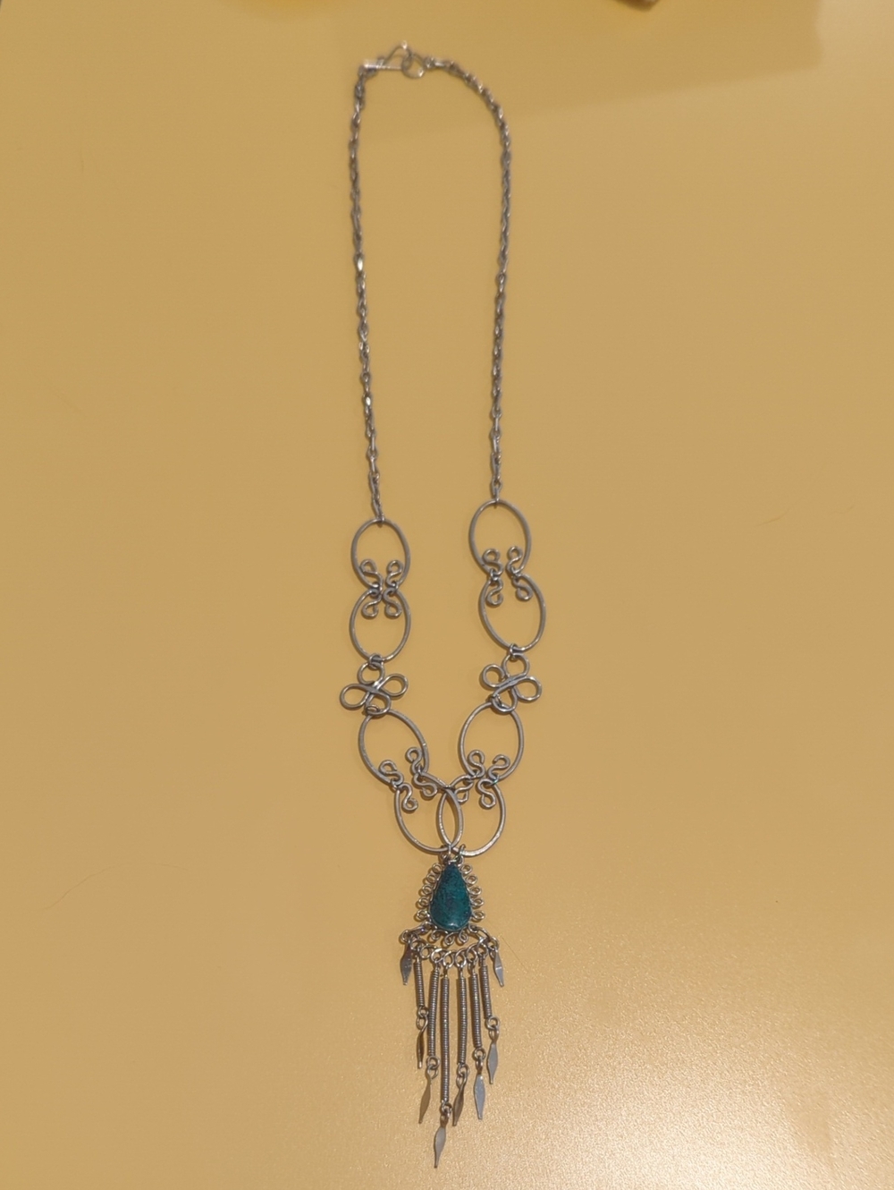 Silver-Tone Teardrop Pendant Necklace with Turquoise Accent
